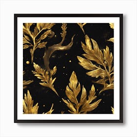 Gold Leaves On Black Background Art Print