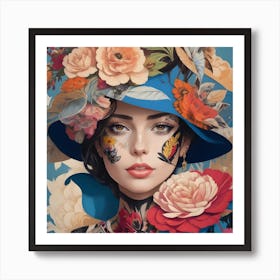 Painting Of A Woman With A Hat And Flowers On Art Print