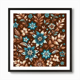 Batik, Blue And Brown Floral Pattern  Art Print