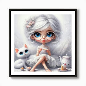 Cute Little Girl With Cat Art Print