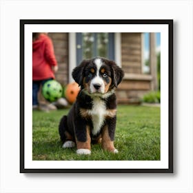 Bernese Mountain Dog puppy with brown eyes, wearing a bright green bandana with white designs. The image should capture Lemmy in an adorable, eye-catching pose that embodies the playful and loving nature of a puppy. The image should be in the vivid and detailed 3d animation. Set the background to a front porch, in the background you can see 3 pairs of girls shoes, 2 toddler size and one teenagers making it colorful and engaging. Art Print