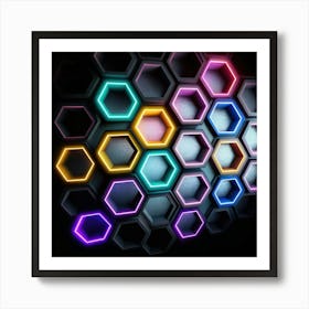 Hexagonal shapes with neon lights, futuristic, cyberpunk, background 8 Art Print