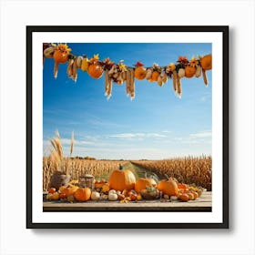 Autumnal Harvest Scene Capturing A Gourd Squash And Pumpkin Amongst A Field Of Corn Under A Cornfl Art Print