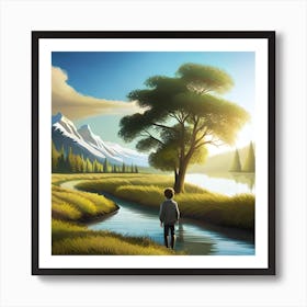 A Man Standing By A Stream In A Forest Art Print
