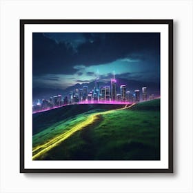 Leonardo Diffusion Xl Grassland Leading To City Downhill With 1 Art Print