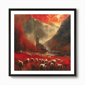 Sheep In The Mountains, In Warm Colors, Impressionism, Surrealism Art Print