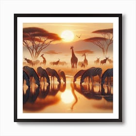 Giraffes At The Waterhole 2 Art Print