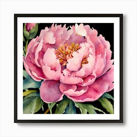 Pink Peony Watercolor Painting Blooming Spring Flowers in the Garden Art Print