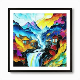 Abstract art stained glass art of a mountain village in watercolor 18 Art Print