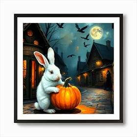 White Rabbit With Pumpkin At Night In Village - Diverse Art Illustration 25 Art Print