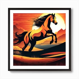 Vivid Orange Color Portrait Illustration Of A Wild Mustang At Sunrise Near A Mountain Lake Art Print