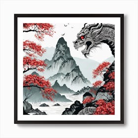 Chinese Dragon Mountain Ink Painting (60) Art Print