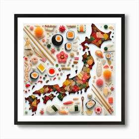 Japan in Mixed Media: A Map of Japan Made of Origami, Sushi, and More Art Print