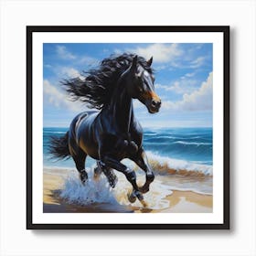 Black Horse Running On The Beach Art Print