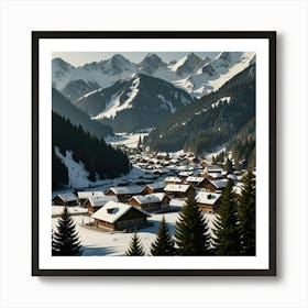 A Picturesque Alpine Village Nestled Among Snow Covered Mountains And Evergreen Forests Art Print