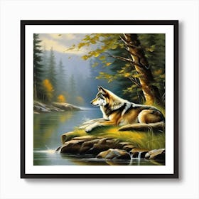 Wolf By The River Art Print