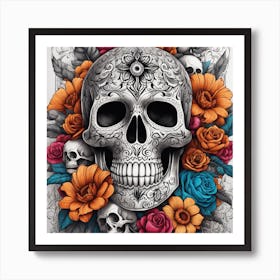 Sugar Skull With Flowers 1 Art Print