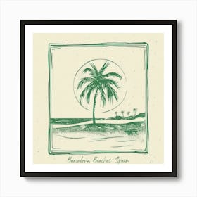 Barcelona Beaches, Spain Green Line Art Illustration Art Print