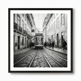 Black And White Photo Lisbons Vintage Tramway Weaving Through Narrow Historic City Streets Tram D (4) Art Print