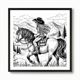 Line Art girl rider on a horse 1 Art Print