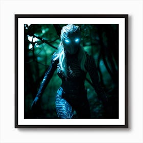 Neon futuristic lady in the woods Art Print