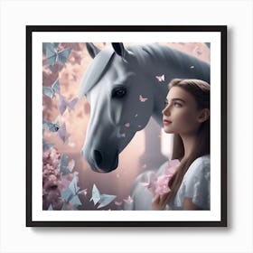 White Horse With Butterflies Art Print