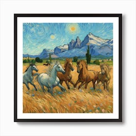 Horses Running Under The Starry Sky Art Print