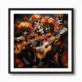 Day Of The Dead Party Musicians Art Print