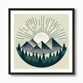 "Radiant Summit"   A sunburst pattern illuminates a stylized mountain range, creating a striking contrast of light and shadow. The halftone textures and monochromatic palette give a vintage feel to this modern design, capturing the timeless allure of the great outdoors. It's a graphic homage to the beauty of dawn breaking over a silent, slumbering forest. Art Print