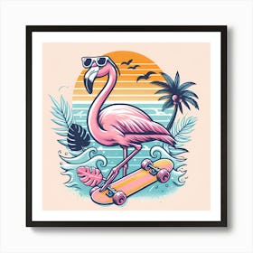 Flamingo On Skateboard Art Print