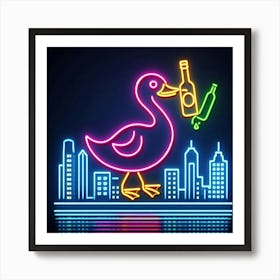 Neon Duck With Bottle Art Print