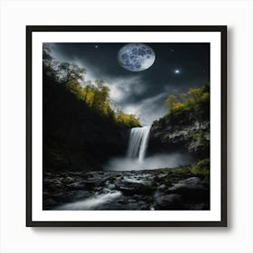 Full Moon Over A Waterfall Art Print