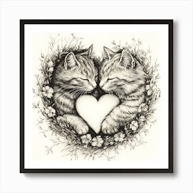 Delicate Ink Drawing of Cats Love Heart 4 Art Print