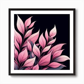 Pink Leaves On Black Background 3 Art Print