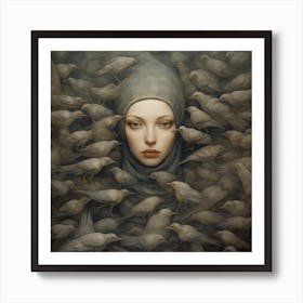 Woman Surrounded By Birds 4 Art Print