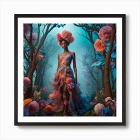 fashion, Surreal fashion garden, plant mannequins, giant flowers, organic dresses, twisted trees, cyber butterflies, psychedelic sky, colorful mist, floating lighting, enchanted podium, colors that change at the touch. Art Print