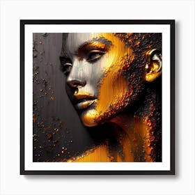 Woman's Face Looking Sideway - An Abstract Artwork In Shades Of Silver, Yellow, And Orange Lines And Textures On Dark Background. Art Print