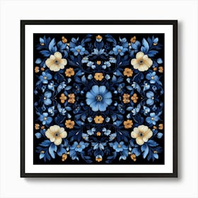 Blue Flowers On A Black Background Art Art Print