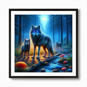 Mystical Forest Wolves Seeking Mushrooms and Crystals 11 Art Print