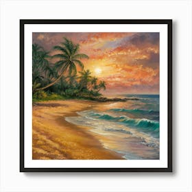 Tranquil Tropical Beach Sunset with Palm Trees Art Print