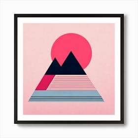 "Pink Sun Over Graphical Mountains"  This image, "Pink Sun Over Graphical Mountains," depicts an abstract, graphical representation of mountains with a vibrant pink sun setting in the background. The use of bold colors and geometric shapes creates a striking visual that is both modern and simplistic, ideal for adding a splash of color and contemporary style to any space. Art Print