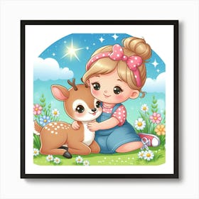 Cute Little Girl Hugging A Deer Art Print