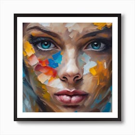 Oil portrait painting in multicolored tones. Abstract picture of a beautiful girl. Conceptual closeup of an oil painting and palette knife on canvas Art Print