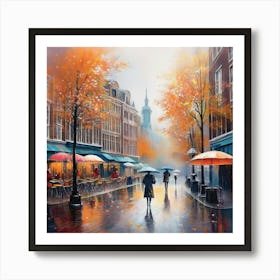 Amsterdam cafes, autumn season, rain, autumn oil colours.Faded colours,People passing on the street, winter clothes, rain umbrellas.11 Art Print