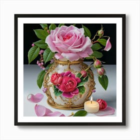 Roses in Antique fuchsia jar 4 Art Print