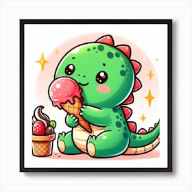 Cute Dinosaur Eating Ice Cream 1 Art Print