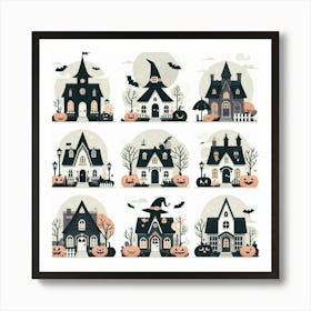 Set of 9 Halloween Houses - Cute Vector style Illustration Art Print