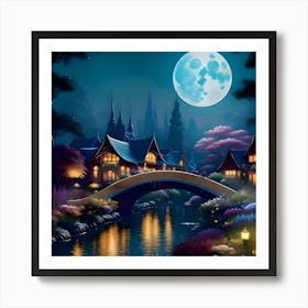 A stream on a moonlit night, illuminated by the moonlight, shining on the trees and plants. On both sides of the stream are beautiful buildings in a peaceful scene. Art Print