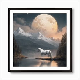 White Horse In The Moonlight Art Print