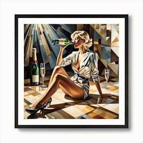 Women Enjoying Champagne Cubism Style Art Print